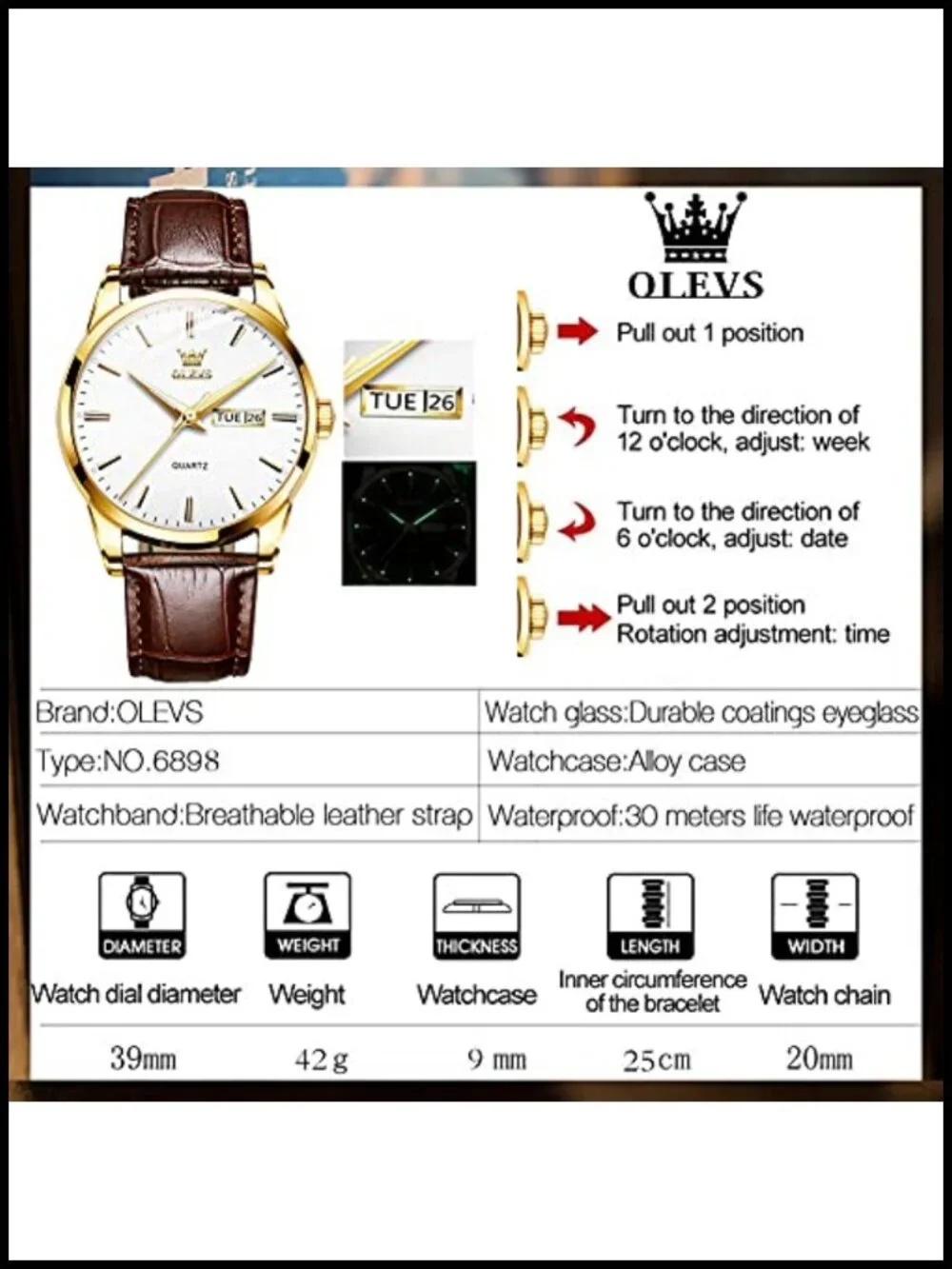 Men's Leather Watch Dress Casual Day Date Quartz Wristwatch